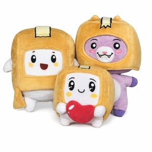 LankyBox plushies featuring Boxy, Baby Boxy, and Foxy